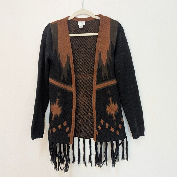 DayTrip Open Front Cardigan Sweater Women's M Aztec Design Black/Tan Tassels - Picture 1 of 5